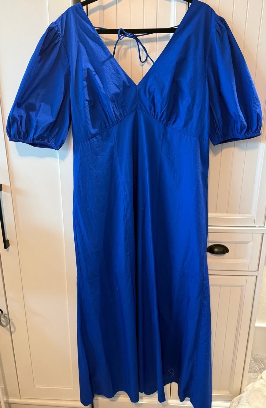 LOFT Cobalt V-Neck Puff Sleeve Midi Dress sz 14 NWT